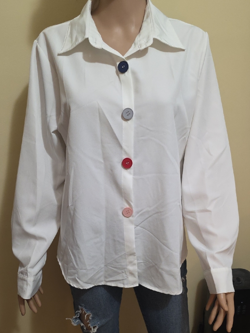 White Button-Front Women's Shirt with Multi-Color Buttons